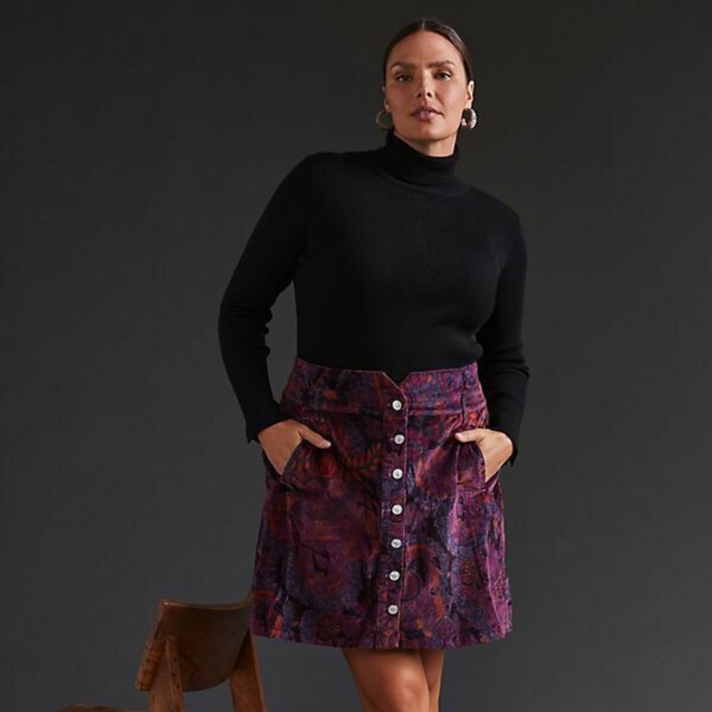 Anthropologie Pilcro Size 12 Corduroy Button Front Mini Skirt Floral Pink Purple